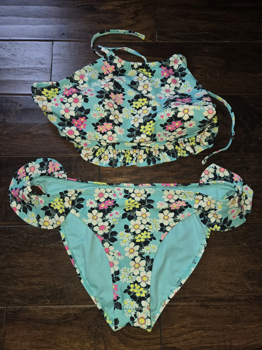 California Waves Aqua Floral High-Neck Ruffle Two-Piece Women's Swim Set, sz L/M